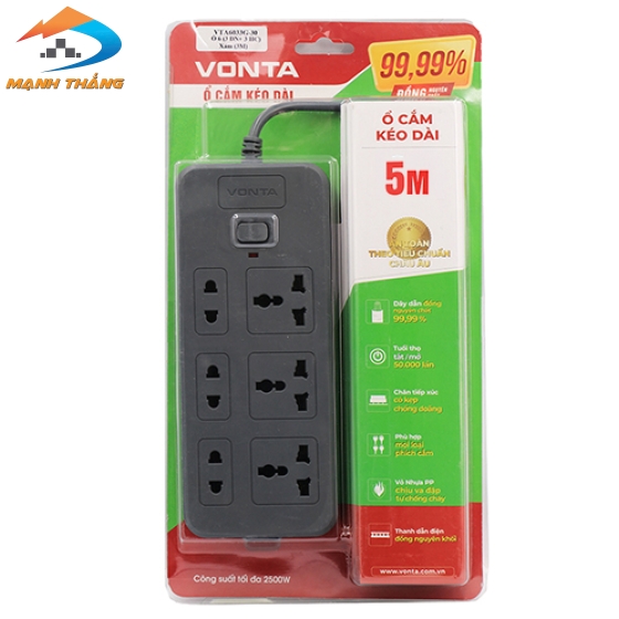 Ổ cắm kéo dài 6 ổ (3 đa năng + 3 hai chấu) màu xám VTA6033B/G-50 (5m)