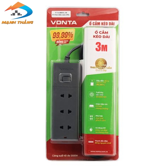 Ổ cắm kéo dài hai chấu màu xám VTA3003B/G-30 (3m)